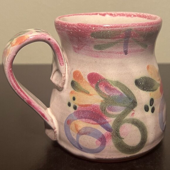 Hand Crafted Studio Art Pottery Mug Hand Painted Abstract Floral ~ Artist Signed - Picture 1 of 15